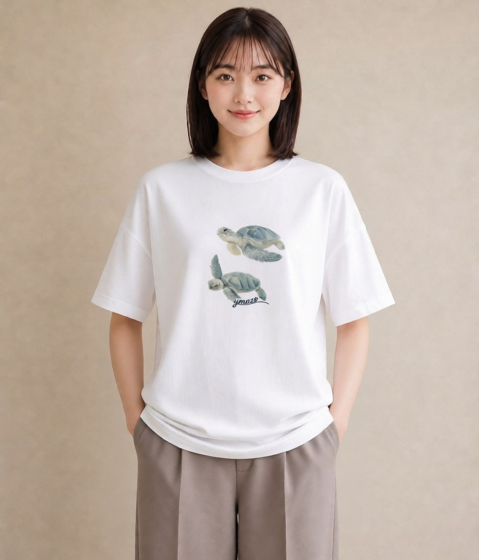 半袖Tシャツ レディース ゼニガメ ペット 動物 イラスト 親子 20代 白T