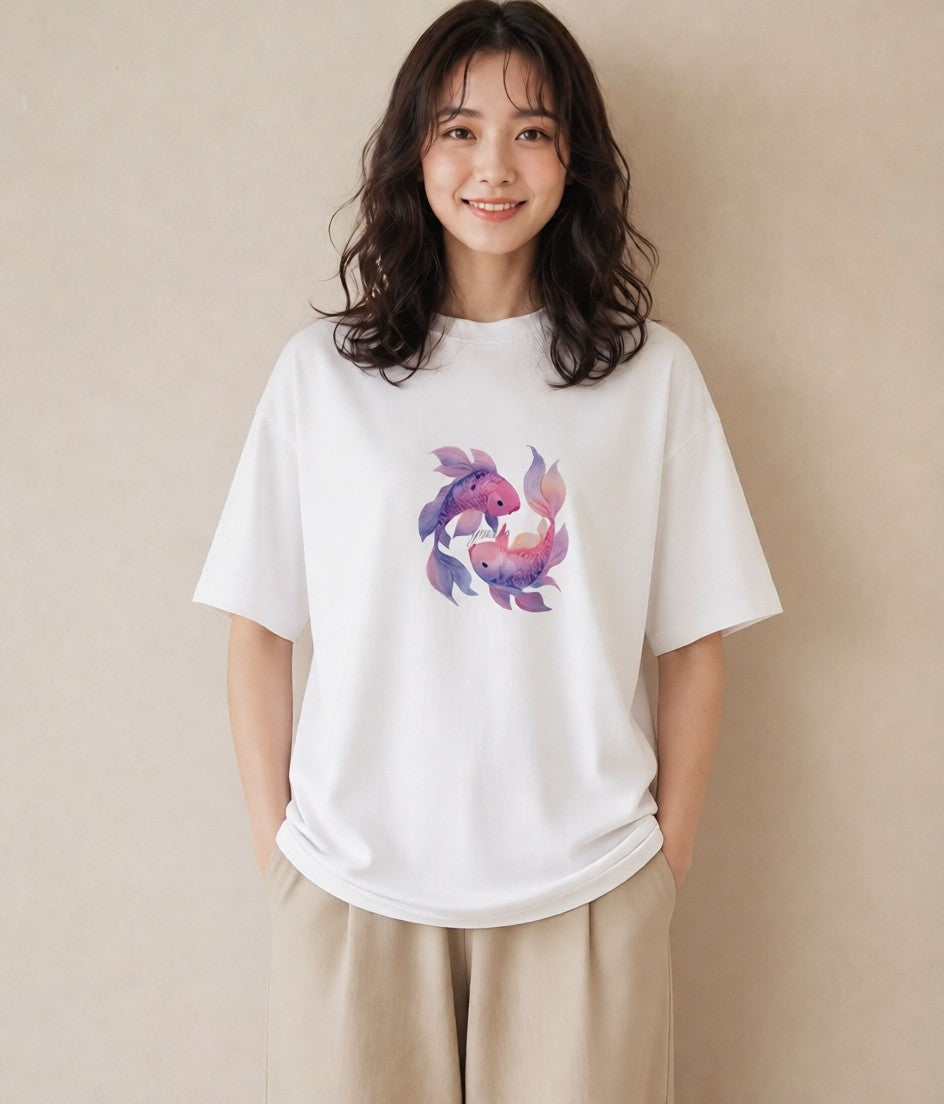 プリントTシャツ レディース 金魚 ペット 動物 イラスト アート風 ビーチ デイリーウェア 白T