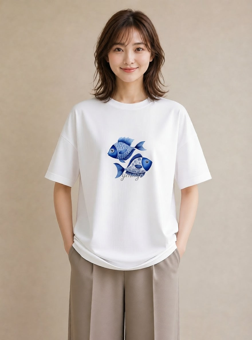グラフィックTシャツ レディース 熱帯魚 ペット 動物 イラスト 春服 ミセス 白T