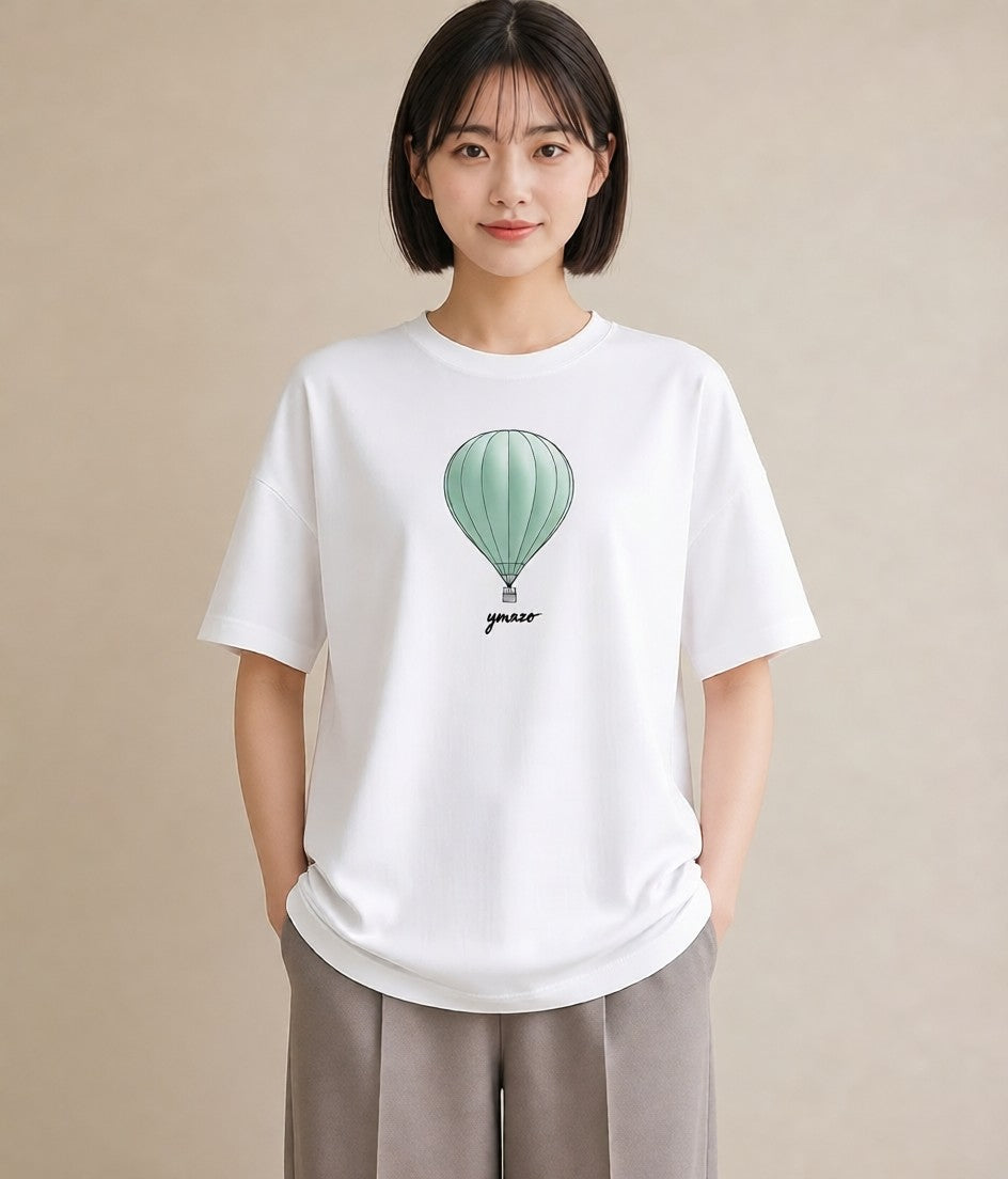 半袖Tシャツ レディース 紙風船 和紙 ナチュラル アンティーク イラスト アート風 買い物 夏コーデ 白T
