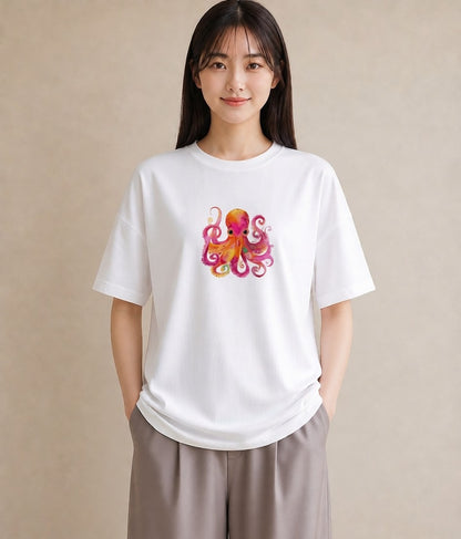 Tシャツ レディース タコ 海の生き物 海 イラスト フェミニン 自分用 ルームウェア 白T