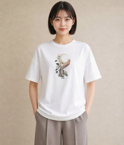 半袖Tシャツ レディース 三日月 星空 宇宙 イラスト 北欧風 女性向けギフト 散歩 白T