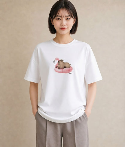 半袖Tシャツ レディース カピバラ かぴばら 動物 アニマル イラスト ニュアンス 親子 20代 白T