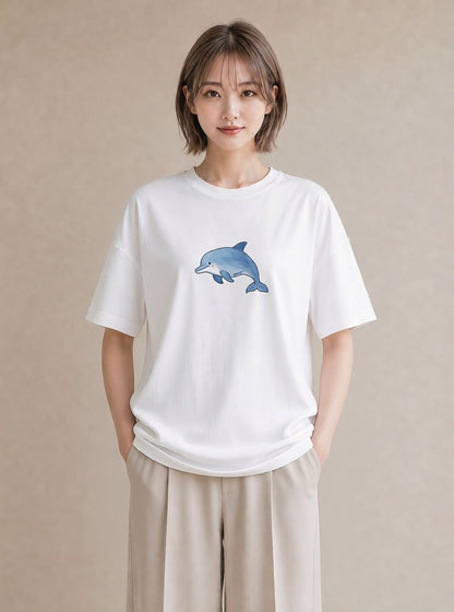 グラフィックTシャツ レディース クジラ 海の生き物 海 イラスト 淡色 ミセス 春コーデ 白T