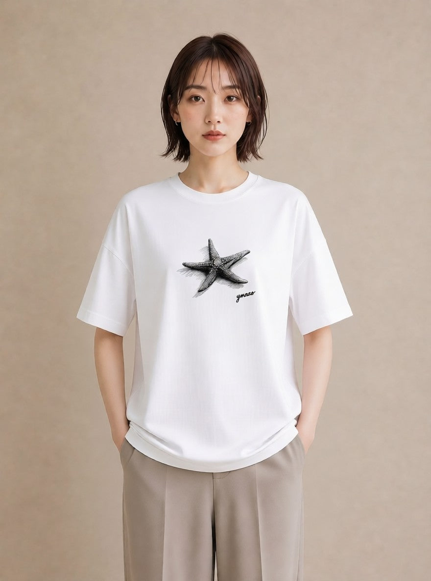 Tシャツ レディース ヒトデ 海の生き物 海 イラスト ラフカジュアル 公園 ママ 白T