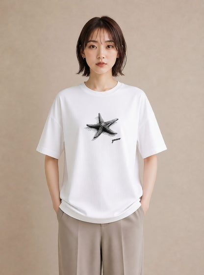 Tシャツ レディース ヒトデ 海の生き物 海 イラスト ラフカジュアル 公園 ママ 白T
