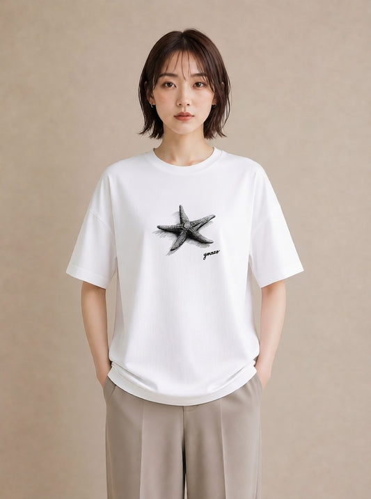 Tシャツ レディース ヒトデ 海の生き物 海 イラスト ラフカジュアル 公園 ママ 白T