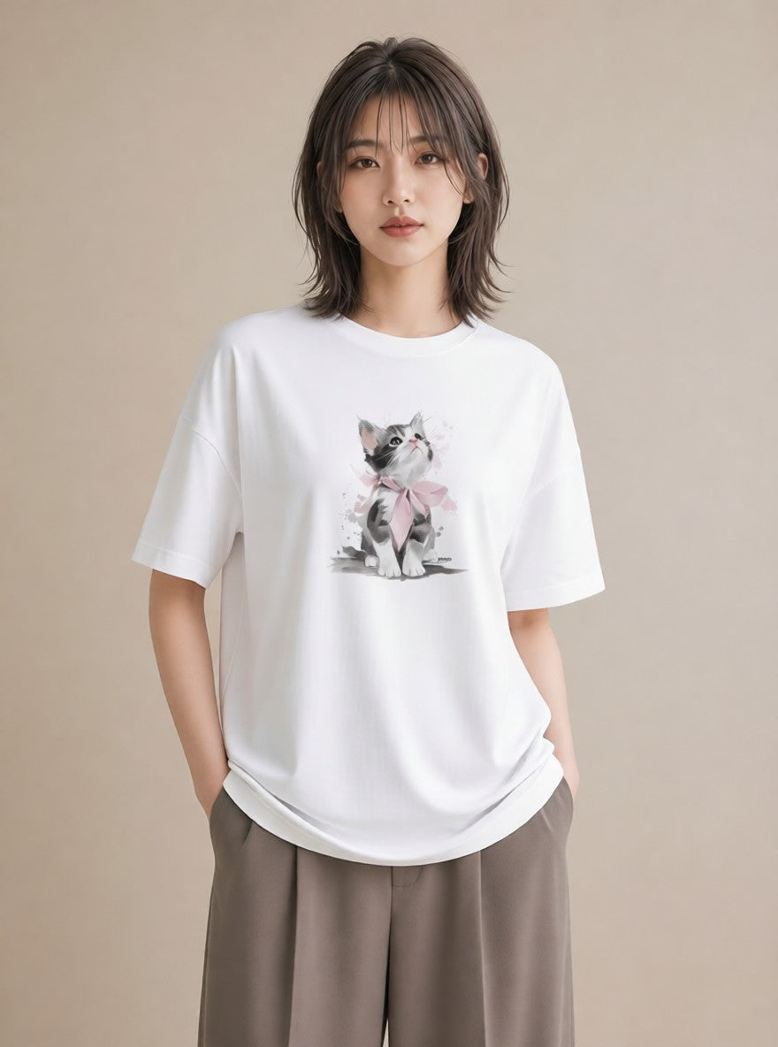 プリントTシャツ レディース 猫 ねこ イラスト 上品 秋コーデ おしゃれギフト 白T