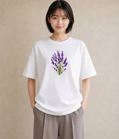 半袖Tシャツ レディース ラベンダー 花 花柄 イラスト ラフカジュアル 通学 誕生日プレゼント 白T