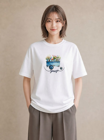 半袖Tシャツ レディース 自転車のかご 自転車 花かご ナチュラル アンティーク イラスト ボタニカル 20代 カジュアルコーデ 白T