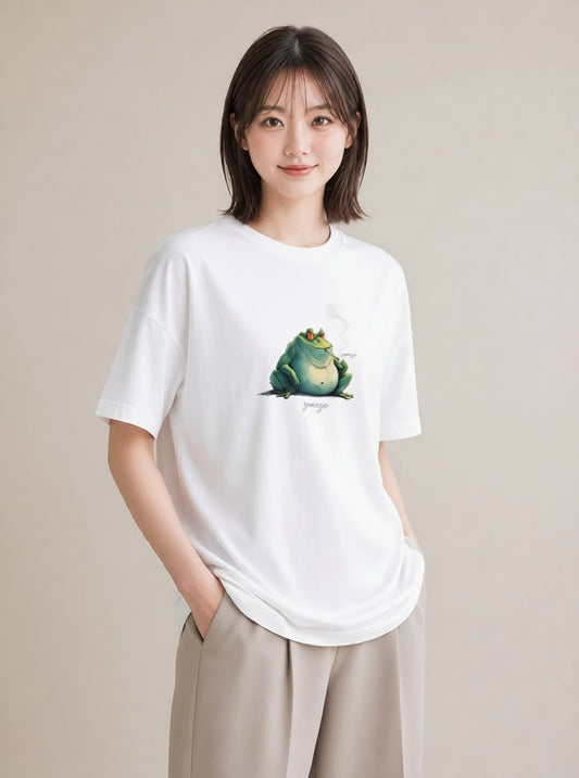 デザインTシャツ レディース カエル ペット 動物 イラスト 普段使い カフェ巡り 女子会 白T