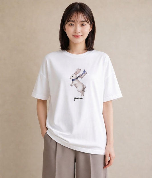 プリントTシャツ レディース うさぎ ウサギ ラビット ペット 動物 イラスト 上品 部屋着 女性向けギフト 白T