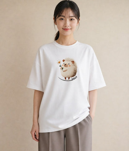 プリントTシャツ レディース ハリネズミ ペット 動物 イラスト 休日コーデ 社会人 女性 白T
