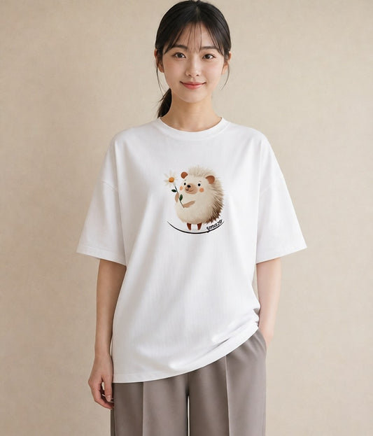 プリントTシャツ レディース ハリネズミ ペット 動物 イラスト 休日コーデ 社会人 女性 白T