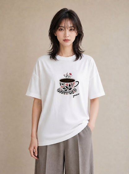 Tシャツ レディース 紅茶 食べ物 フード イラスト ラフカジュアル 公園 ママ 白T