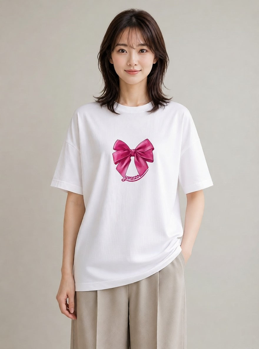 半袖Tシャツ レディース リボン 蝶結び ナチュラル アンティーク イラスト ヴィンテージ風 母の日 ビーチ 白T