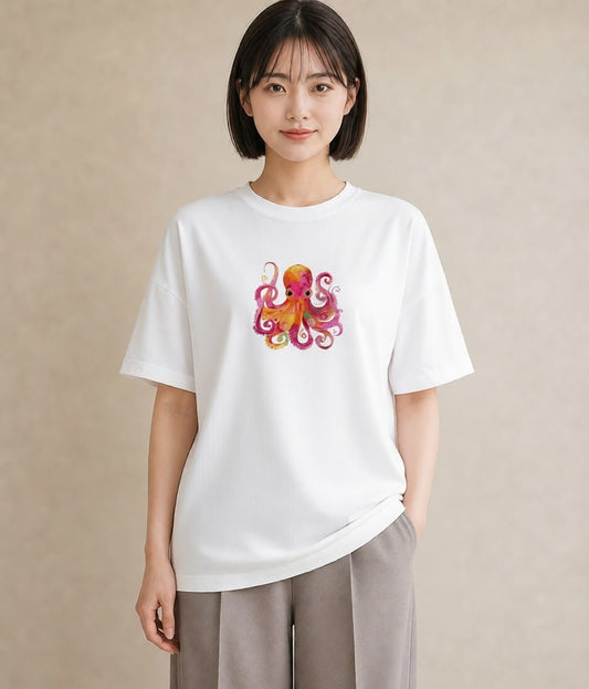 プリントTシャツ レディース イカ 海の生き物 海 イラスト シック お出かけ 普段着 白T