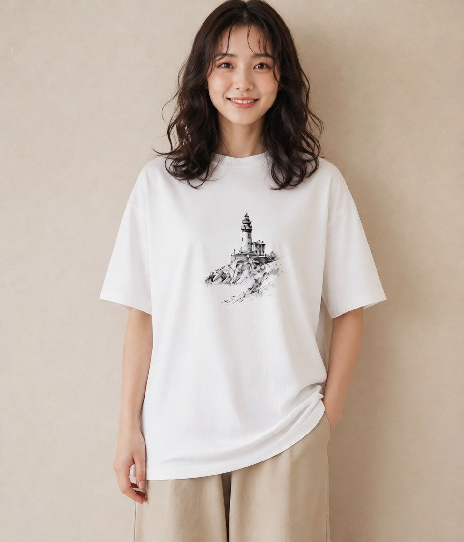 Tシャツ レディース 灯台 霧 海 ナチュラル アンティーク イラスト シック 姉妹 送別ギフト 白T