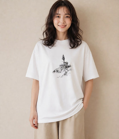 Tシャツ レディース 灯台 霧 海 ナチュラル アンティーク イラスト シック 姉妹 送別ギフト 白T