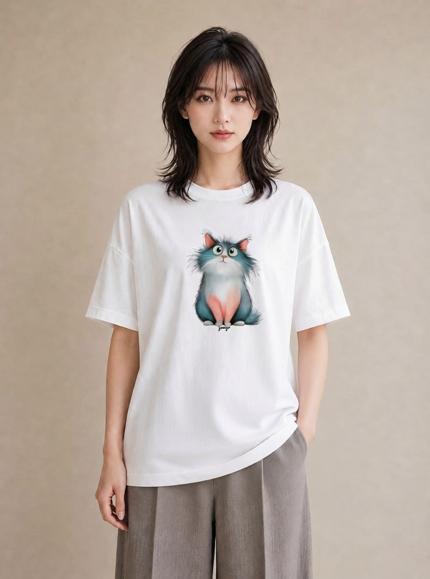 プリントTシャツ レディース 三毛猫 みけねこ 三毛 猫 ねこ イラスト 抜け感 春服 ミセス 白T