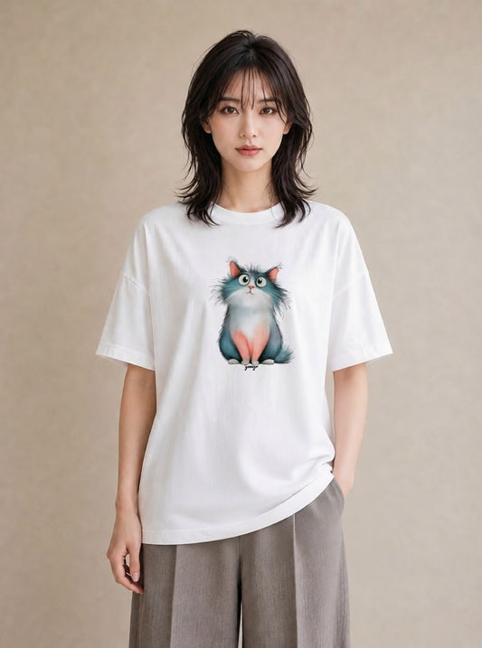 プリントTシャツ レディース 三毛猫 みけねこ 三毛 猫 ねこ イラスト 抜け感 春服 ミセス 白T
