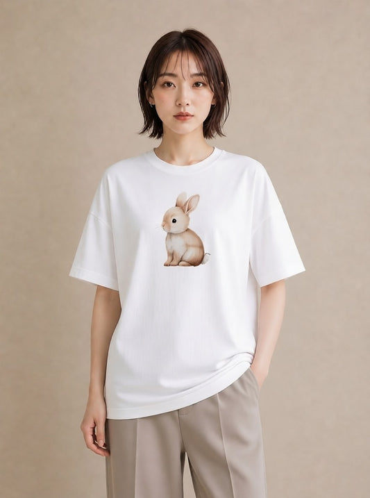 Tシャツ レディース ウサギ系野生 動物 アニマル イラスト きれいめカジュアル ホワイトデー 春服 白T
