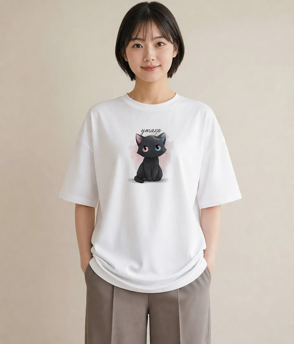 プリントTシャツ レディース 黒猫 猫 ねこ イラスト 手描き風 友達ギフト 部屋着 白T