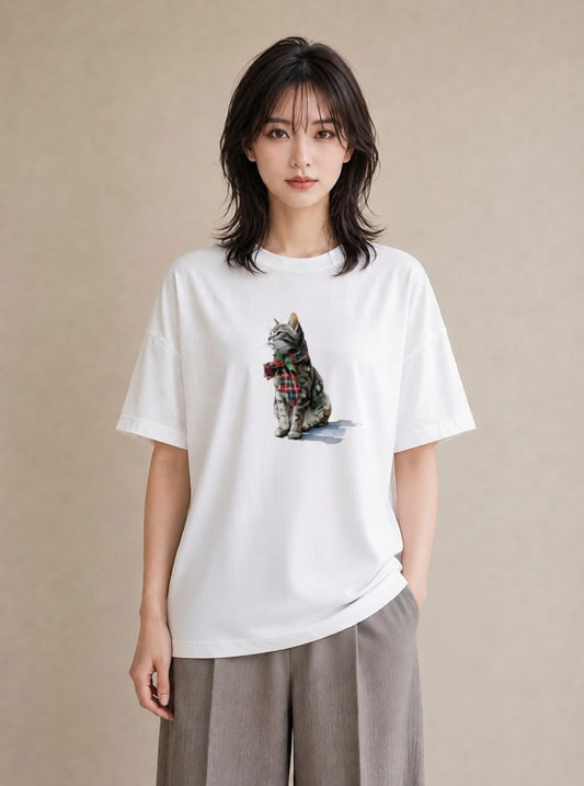 グラフィックTシャツ レディース ブリティッシュショートヘア 猫 ねこ イラスト 北欧風 敬老の日 ホワイトデー 白T