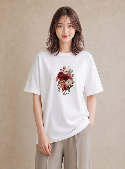 グラフィックTシャツ レディース ポスト 野の花 レトロ ナチュラル アンティーク イラスト 水彩風 ペアコーデ 秋コーデ 白T