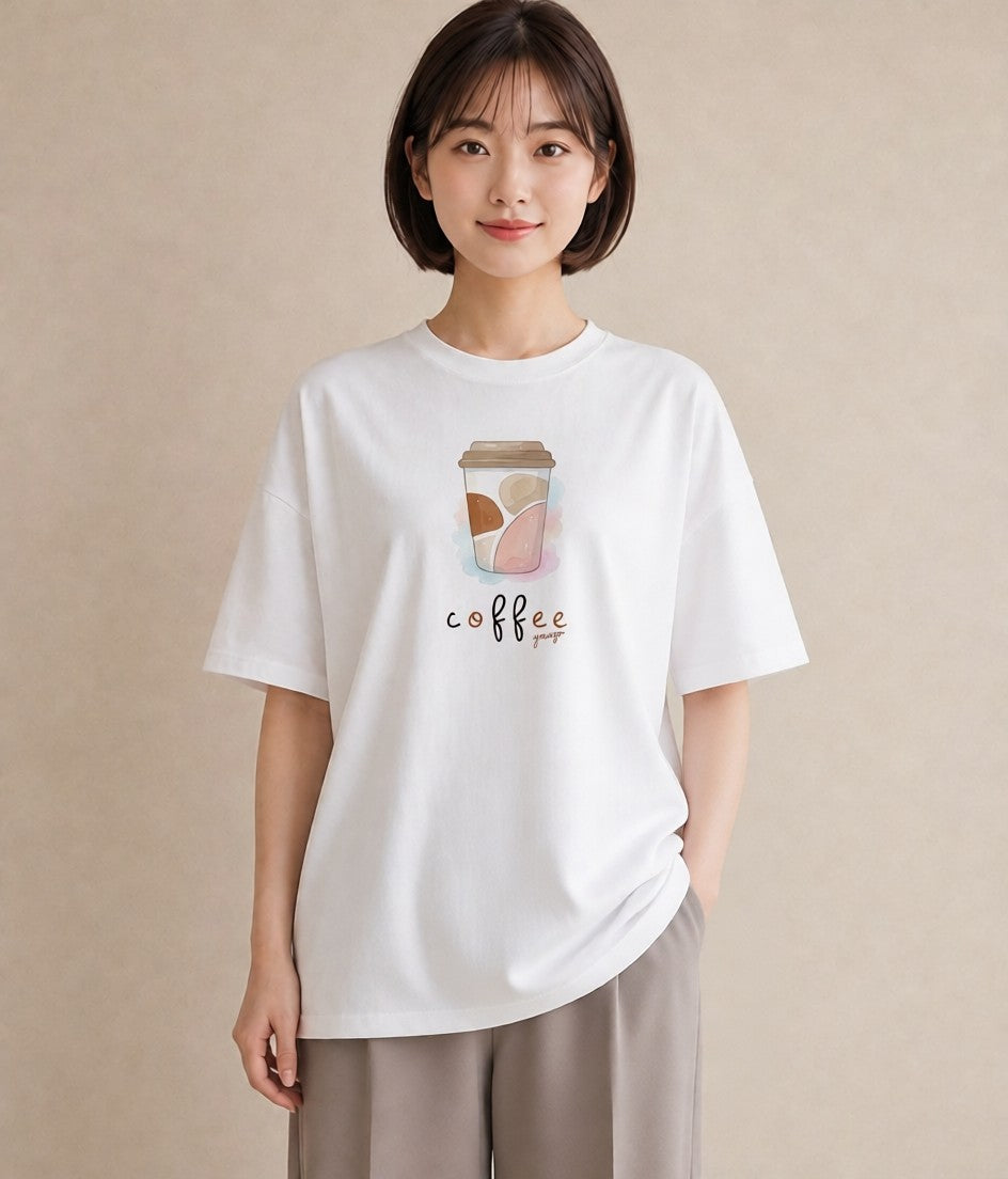 グラフィックTシャツ レディース コーヒー カフェ 珈琲 イラスト ニュアンス 散歩 お出かけ 白T