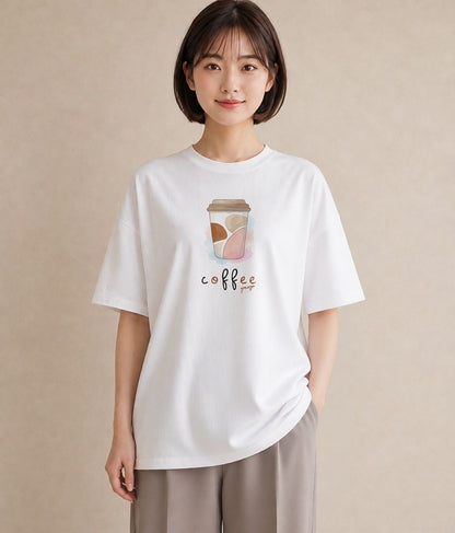グラフィックTシャツ レディース コーヒー カフェ 珈琲 イラスト ニュアンス 散歩 お出かけ 白T