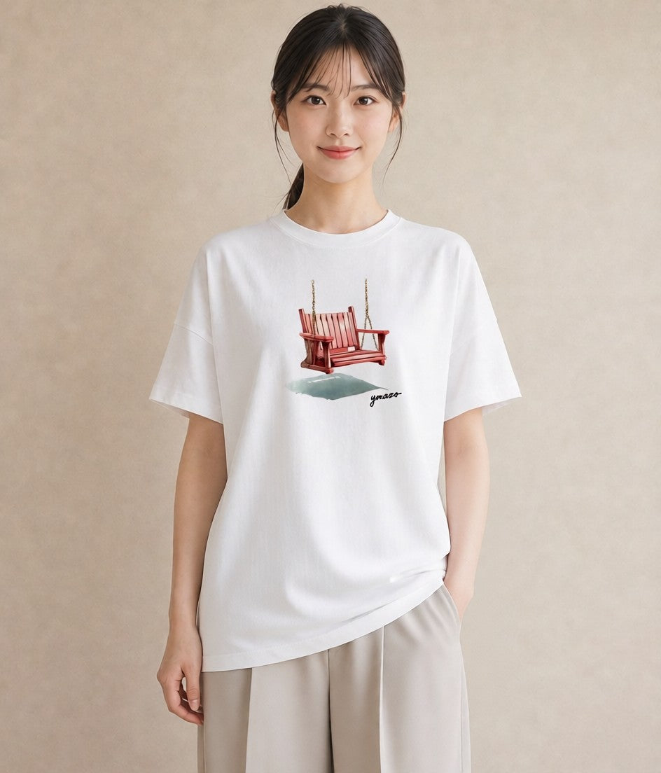 半袖Tシャツ レディース 雨上がりのベンチ ベンチ ナチュラル アンティーク イラスト アート風 休日 ペアコーデ 白T
