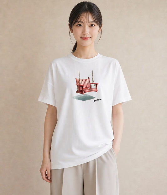 半袖Tシャツ レディース 雨上がりのベンチ ベンチ ナチュラル アンティーク イラスト アート風 休日 ペアコーデ 白T