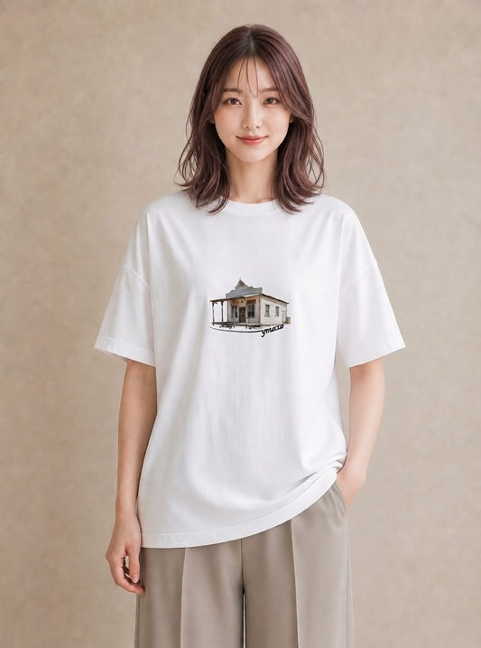 プリントTシャツ レディース 駅のホーム ローカル線 駅 ナチュラル アンティーク イラスト ラフカジュアル カフェ服 クリスマス 白T