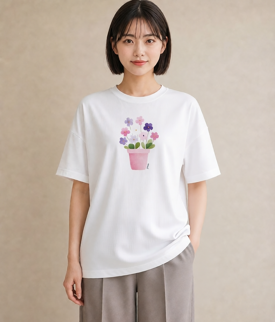 グラフィックTシャツ レディース パンジー 花 花柄 イラスト アート風 自分用 ルームウェア 白T