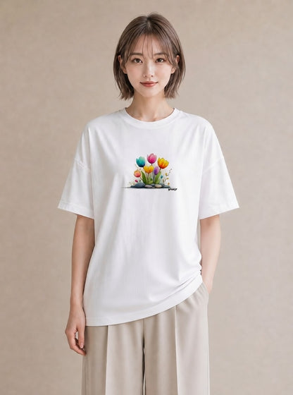 デザインTシャツ レディース チューリップ 花 花柄 イラスト ガーリー お出かけ 普段着 白T