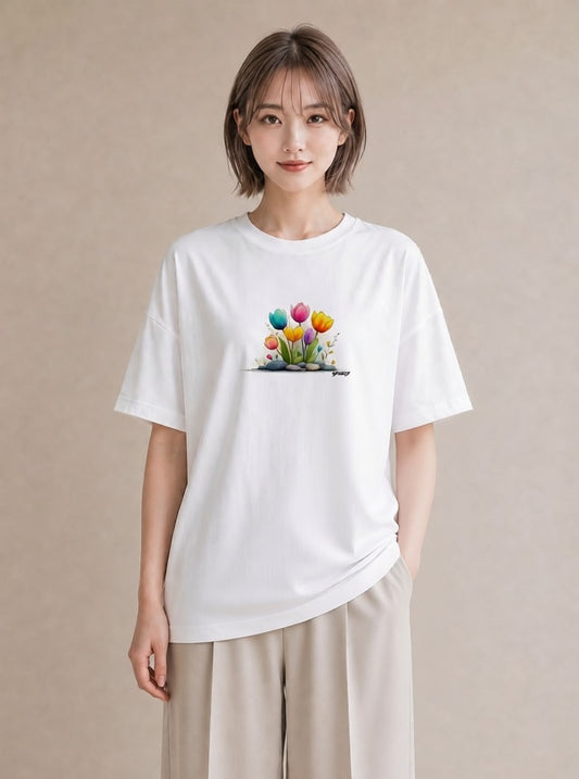 デザインTシャツ レディース チューリップ 花 花柄 イラスト ガーリー お出かけ 普段着 白T