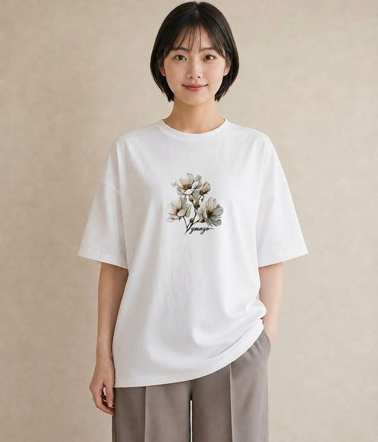 グラフィックTシャツ レディース 椿 花 花柄 イラスト ニュアンス ラフ レイヤード 白T