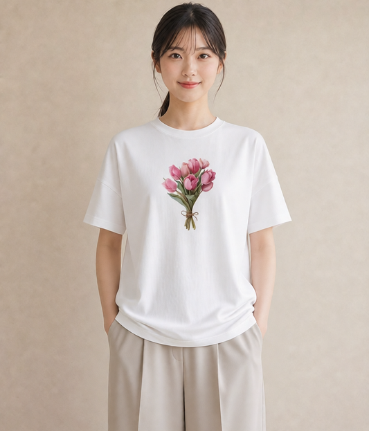 Tシャツ レディース チューリップ 花 花柄 イラスト フェミニン 秋コーデ おしゃれギフト 白T