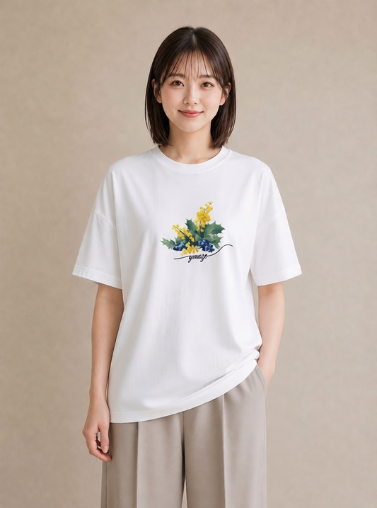 半袖Tシャツ レディース ミモザ 花 花柄 イラスト ユニーク 女性向けギフト 散歩 白T