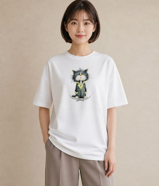プリントTシャツ レディース ハチワレ 白黒猫 猫 ねこ イラスト シンプル ペアコーデ 秋コーデ 白T