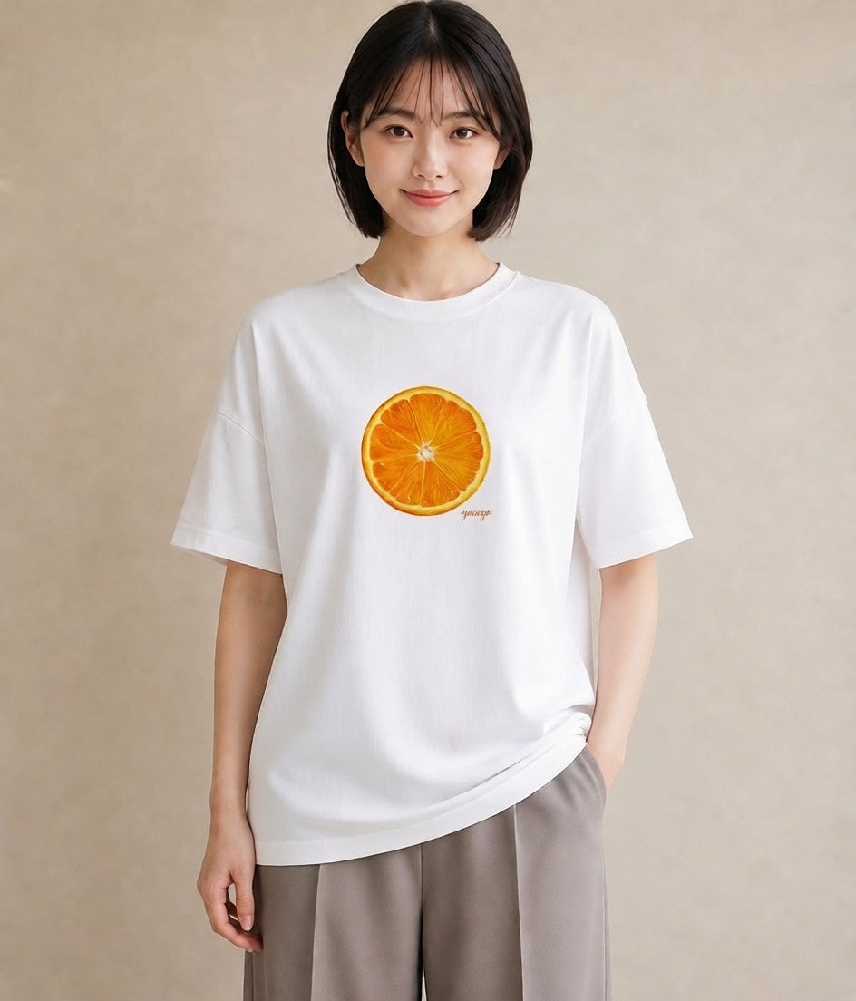 デザインTシャツ レディース みかん 食べ物 フード イラスト カジュアル 週末コーデ 敬老の日 白T