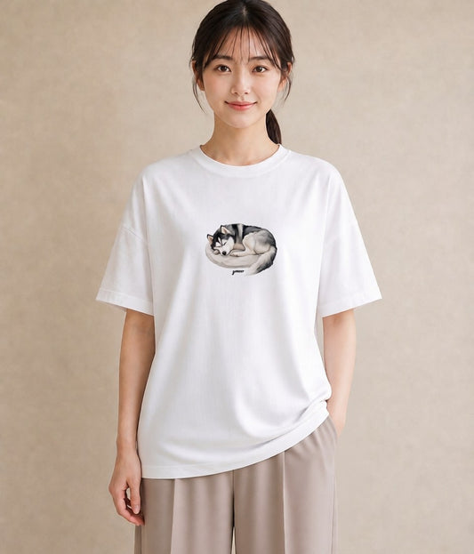 Tシャツ レディース シベリアンハスキー 犬 いぬ イラスト ヴィンテージ風 週末コーデ 敬老の日 白T