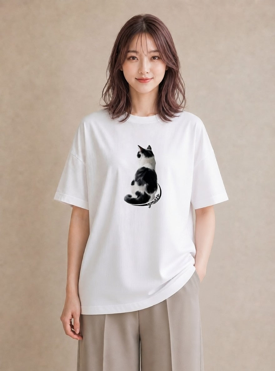 Tシャツ レディース サビ猫 猫 ねこ イラスト アート風 買い物 夏コーデ 白T