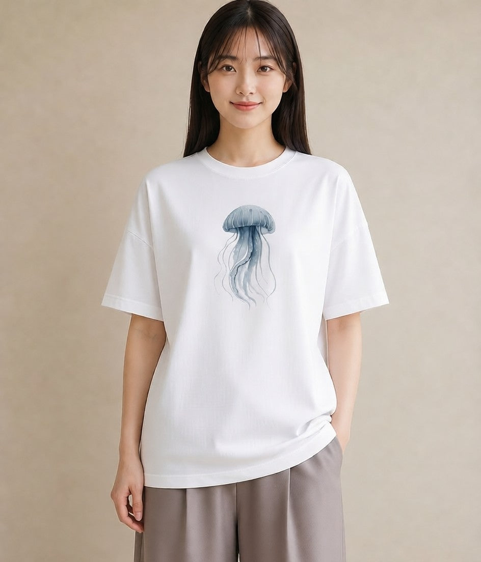 プリントTシャツ レディース イカ 海の生き物 海 イラスト 線画 在宅 公園 白T