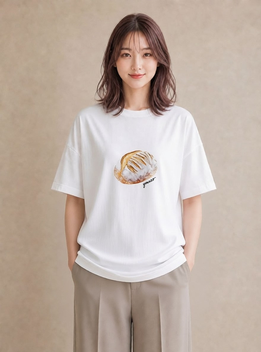 Tシャツ レディース ベーグル 食べ物 フード イラスト 線画 普段着 週末コーデ 白T