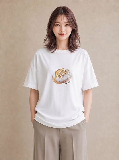 Tシャツ レディース ベーグル 食べ物 フード イラスト 線画 普段着 週末コーデ 白T