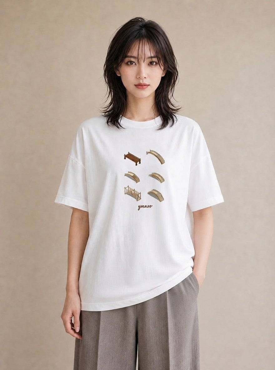 デザインTシャツ レディース 小川 橋 せせらぎ ナチュラル アンティーク イラスト 北欧風 海 カフェ巡り 白T