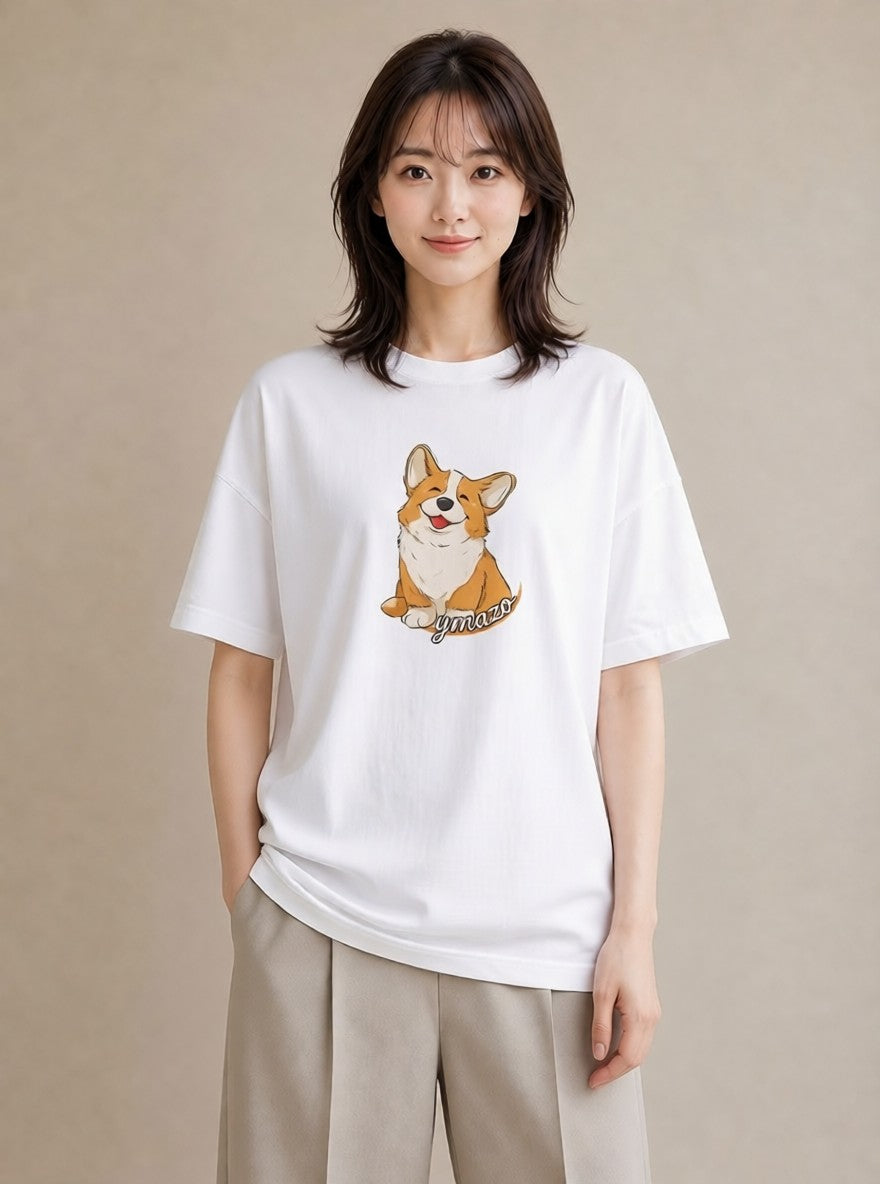 プリントTシャツ レディース ウェルシュコーギー コーギー 犬 いぬ イラスト ガーリー 送別ギフト 通勤 白T