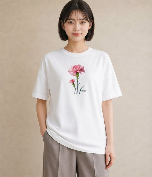 プリントTシャツ レディース カーネーション 花 花柄 イラスト きれいめ 春服 ミセス 白T